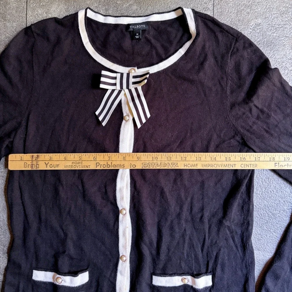 Talbots Womens Black White Bow Accent Cotton Cashmere Cardigan Sweater Size M